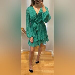 Jopra Flowy Ruffled Skirt Long Sleeve Polka Dot Dress, Green/White, Size M, EUC